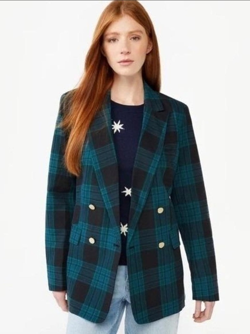 Free Assembly Teal & Black Plaid Double-Breasted Blazer - Women